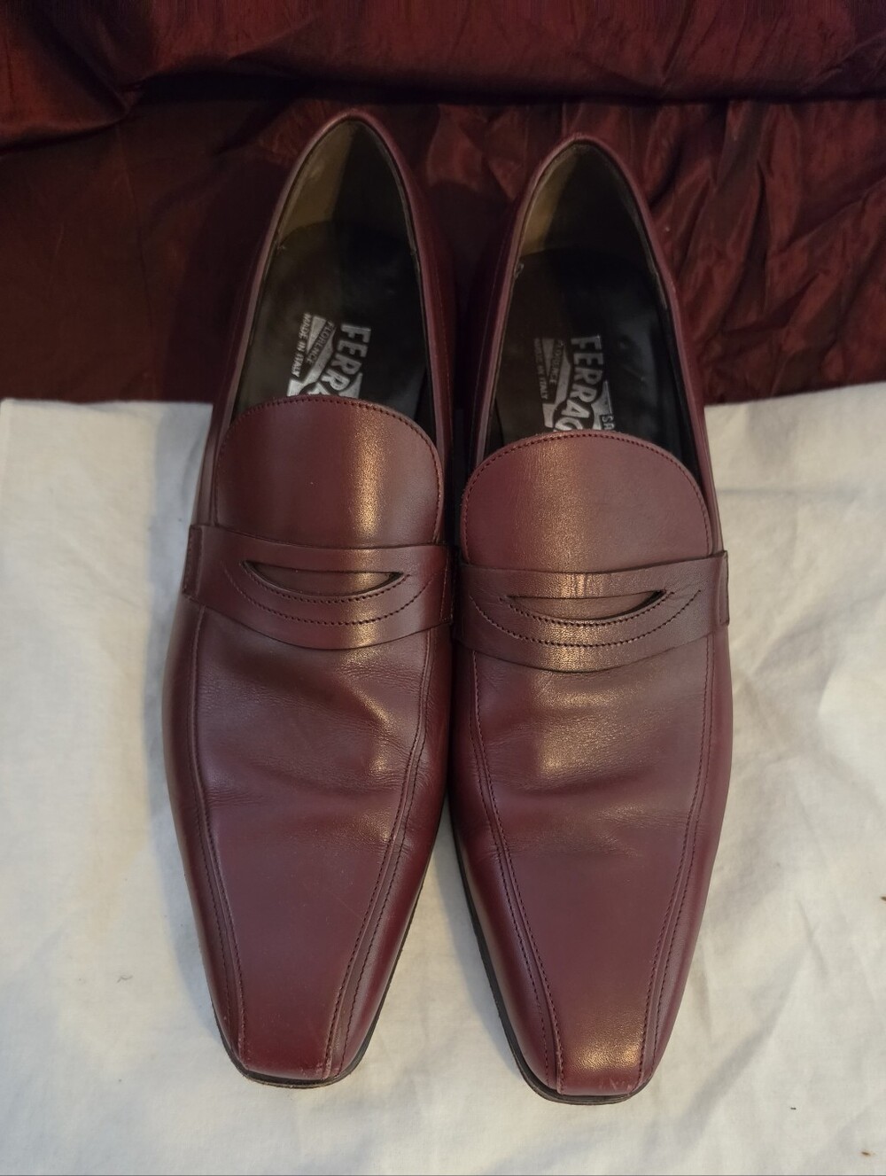 Salvatore Ferragamo Burgundy Leather Penny Loafers. Pope Shoes